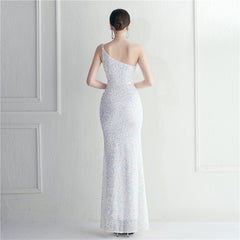 Ostrich Feather One-Shoulder Sequined Maxi Dress