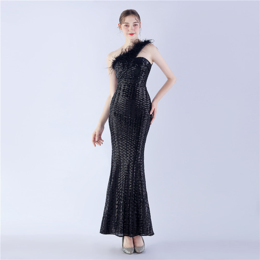 Asymmetric One-Shoulder Sequined Maxi Dress