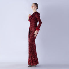 One-Shoulder Ostrich Feather Sequin Maxi Dress