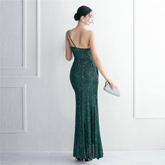 Sequin One-Shoulder Fishtail Maxi Dress