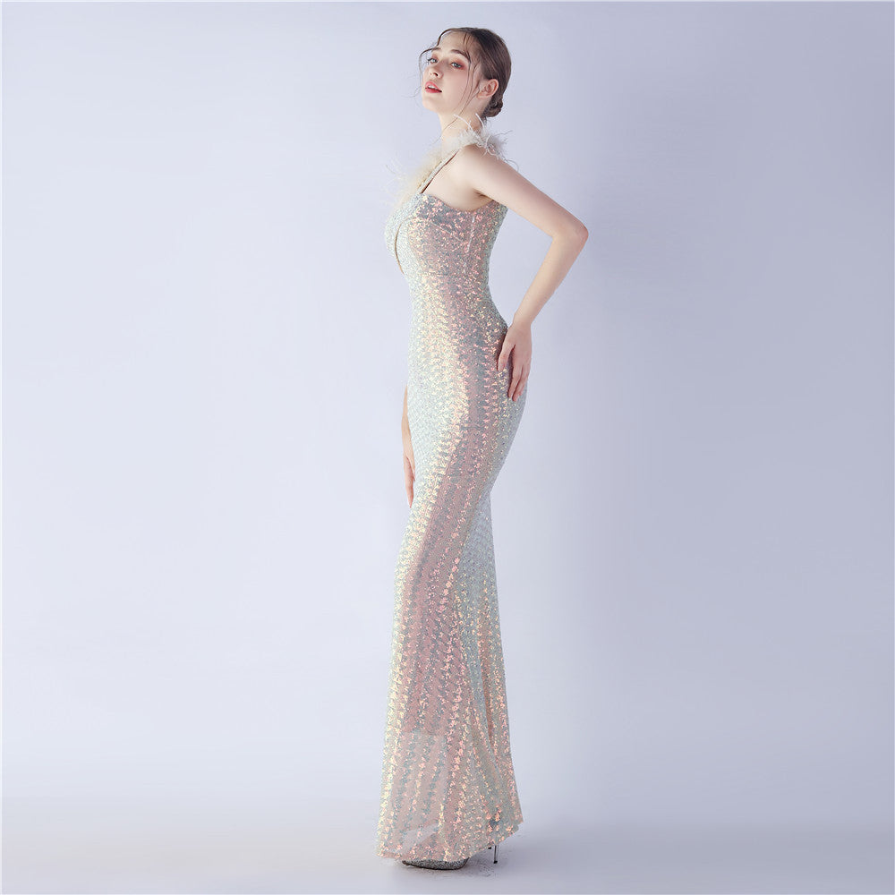 Asymmetric One-Shoulder Sequined Maxi Dress