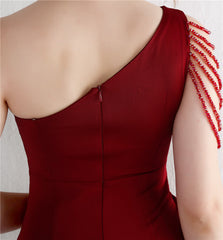 Beaded One-Shoulder Fishtail Maxi Dress