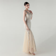 Backless Sequined Fishtail Maxi Dress