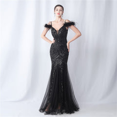 Ostrich Feather Sequined Maxi Dress