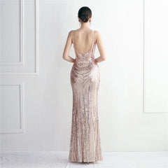 V-Neck Sequined Beaded Maxi Dress