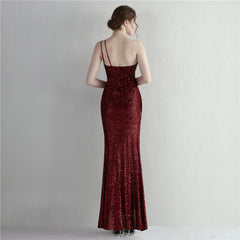 Sequin One-Shoulder Fishtail Maxi Dress