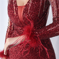 Ostrich Feather Gradient Sequin Maxi Dress