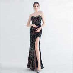 Sequin Boned Strapless Split Maxi Dress