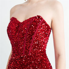 Sequin Boned Strapless Split Maxi Dress