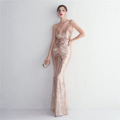 V-Neck Sequin Lace Maxi Dress