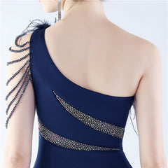 One-Shoulder Rhinestone Diagonal Collar Maxi Dress