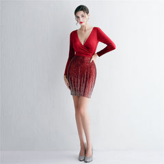 Sequined V-Neck Long-Sleeve Fishtail Dress
