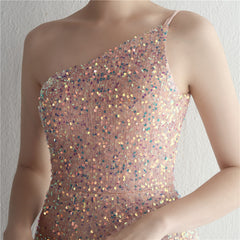 One-Shoulder Sequined Fishtail Split Maxi Dress