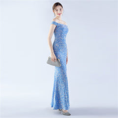 Off-Shoulder Sequin Split Maxi Dress