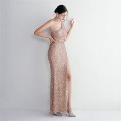 One-Shoulder Sequined Beaded Fishtail Maxi Dress