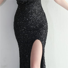 Ostrich Feather One-Shoulder Sequined Maxi Dress