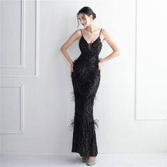 Elegant Sequin Beaded Fishtail Maxi Dress