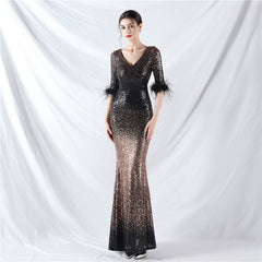 Ostrich Feather Gradient Sequin Maxi Dress