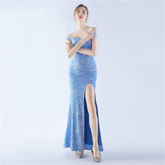Off-Shoulder Sequin Split Maxi Dress