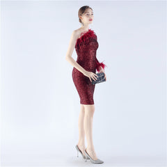 One-Shoulder Sequined Feather Dress