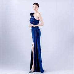 One-Shoulder Beaded Rhinestone Maxi Dress