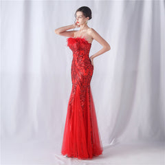 Sequined Feathered Fishtail Maxi Dress