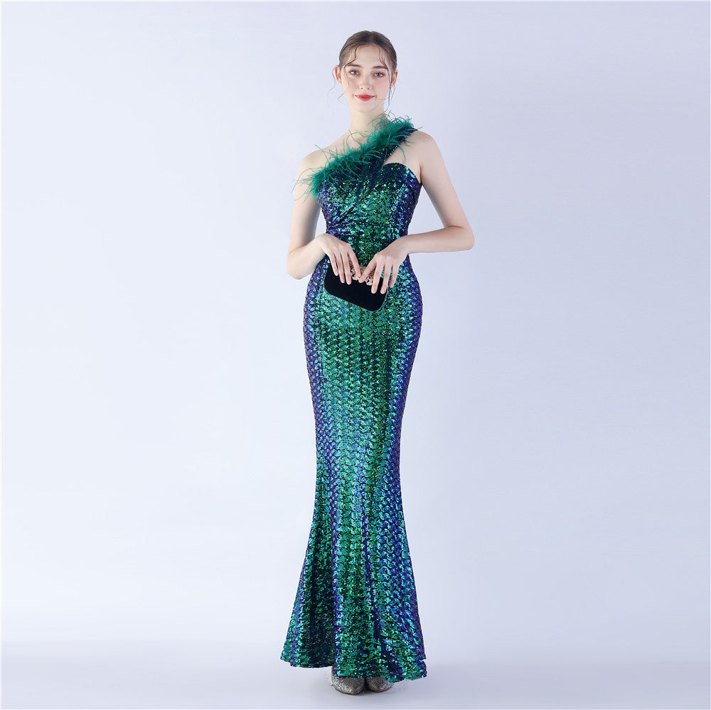 Asymmetric One-Shoulder Sequined Maxi Dress