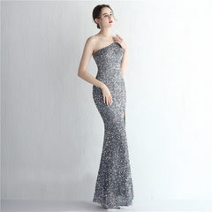 One-Shoulder Sequined Fishtail Split Maxi Dress