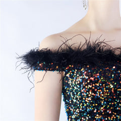 Off-Shoulder Sequin Feather Maxi Dress