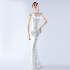 One-Shoulder Sequined Ostrich Feather Dress