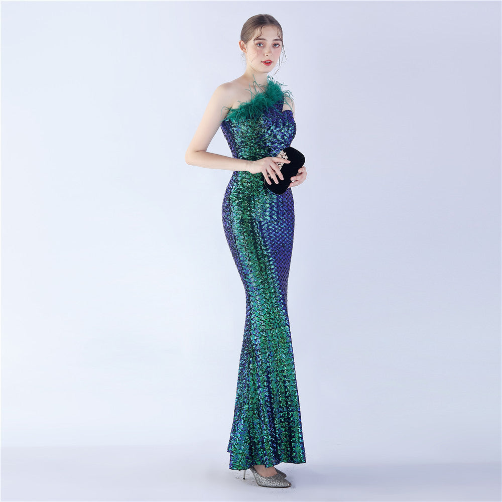 Asymmetric One-Shoulder Sequined Maxi Dress