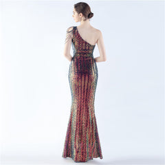 Sequin Beaded One-Shoulder Maxi Dress