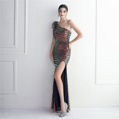 Sequined One-Shoulder Fishtail Maxi Dress