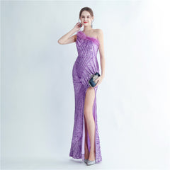 One-Shoulder Sequin Feather Maxi Dress