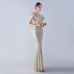 Sequined One-Shoulder Ostrich-Feather Maxi Dress