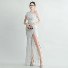 One-Shoulder Feather Maxi Dress