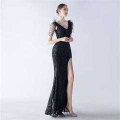 Ostrich Feather Beaded Maxi Dress