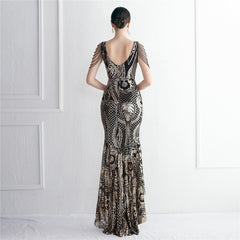 Sequined Beaded Fishtail Maxi Dress