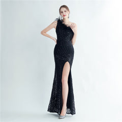 One-Shoulder Sequin Feather Maxi Dress