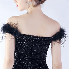 Off-Shoulder Sequin Feather Maxi Dress