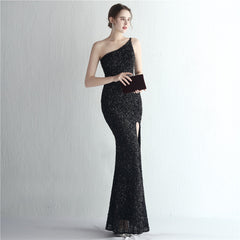 One-Shoulder Sequined Fishtail Split Maxi Dress