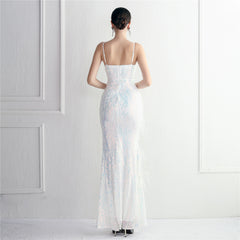 Feathered Sequined Split Maxi Dress