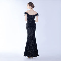 Off-Shoulder Sequin Feather Maxi Dress
