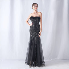 Sequined Feathered Fishtail Maxi Dress