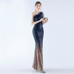 One-Shoulder Ombre Sequin Feather Dress