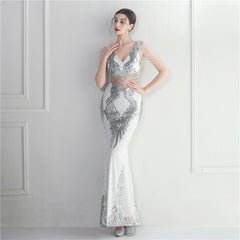 Sequined Beaded Fishtail Maxi Dress