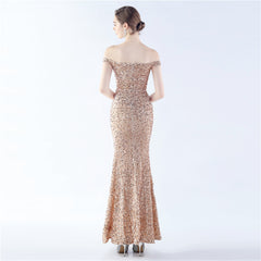 Off-Shoulder Sequin Split Maxi Dress
