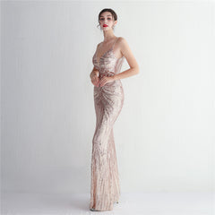 V-Neck Sequin Lace Maxi Dress