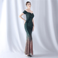 Off-Shoulder Sequined Fringe Maxi Dress