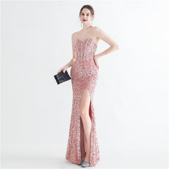 Sequin Boned Strapless Split Maxi Dress
